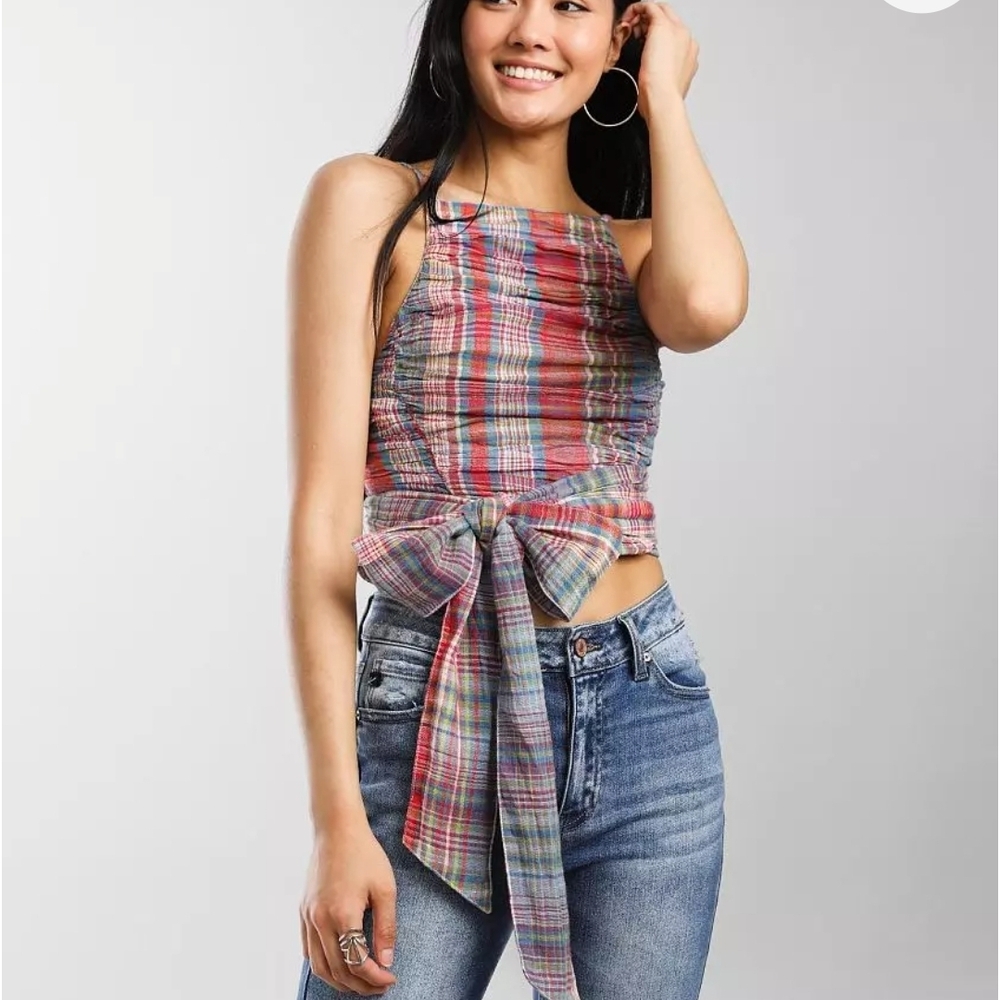 Free People Real Love Plaid Cropped Tank Top in Cherry Blue Combo